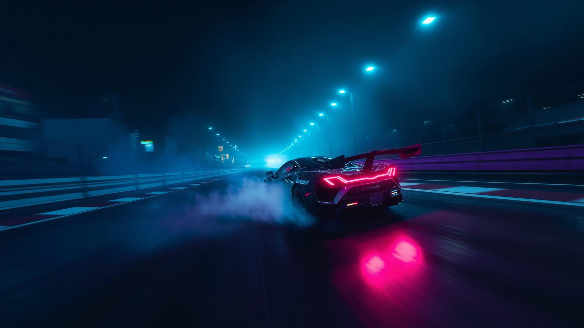 Racing car drifting under neon lights on a night circuit